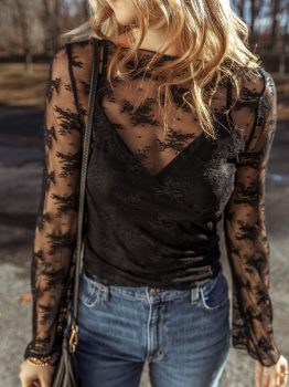 Black Lace Mesh Crochet Splicing Slim Fit Long Sleeve Blouse