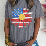 Gray Flag Pattern Sunflower Graphic Crew Neck Tee