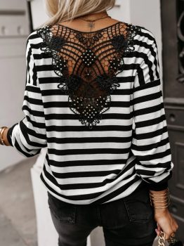 Black Stripe Crochet Hollow-out Back Buttoned Shoulder V Neck Top