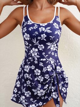 Blue Crossed Back Floral Print Asymmetric Knot Side One Piece Swimsuit