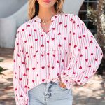 Pink Stripe Textured Heart Print Long Flounce Sleeve Shirt
