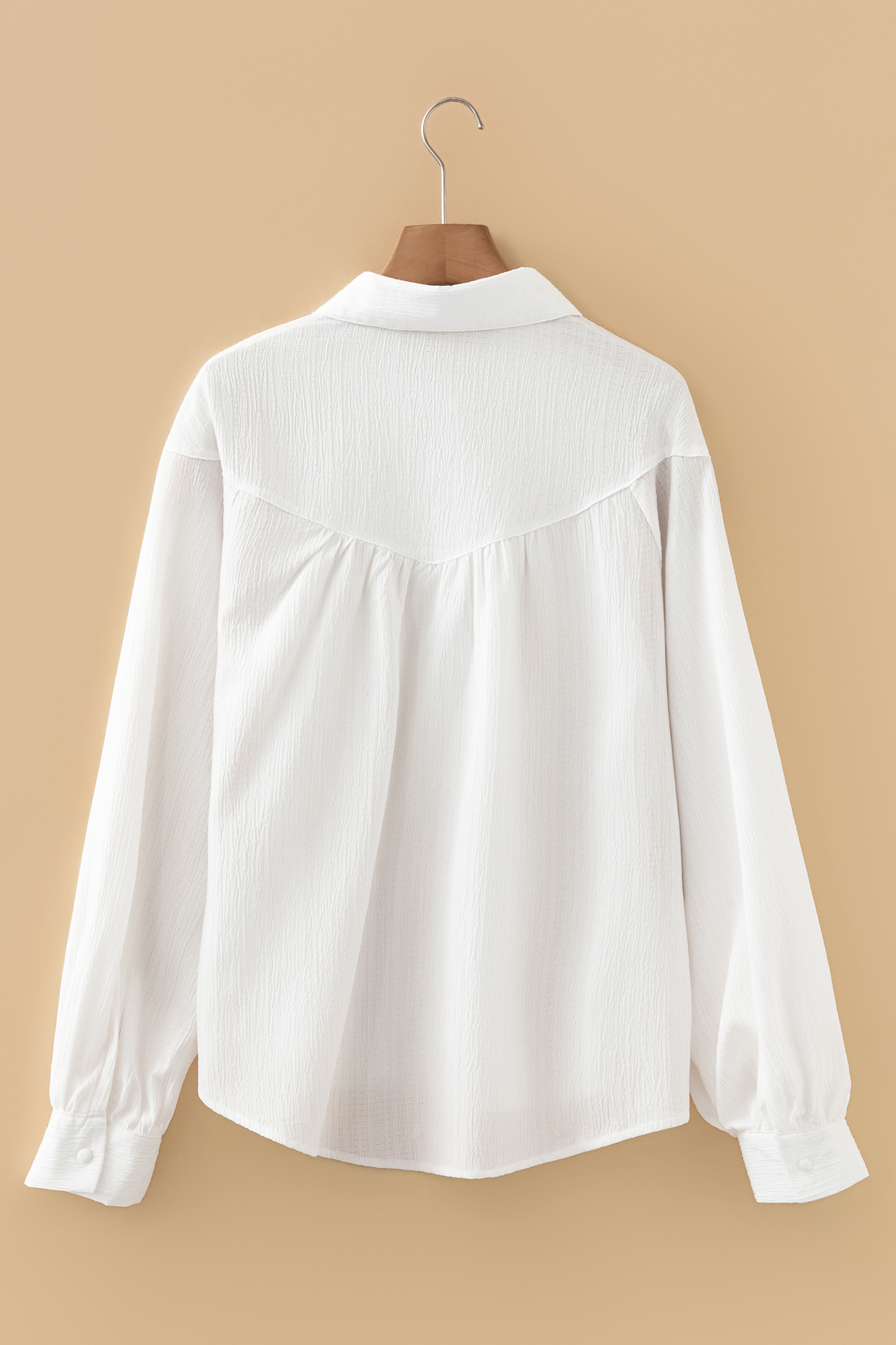 White Crinkled Texture Lantern Sleeve Button Down Loose Shirt - Image 6