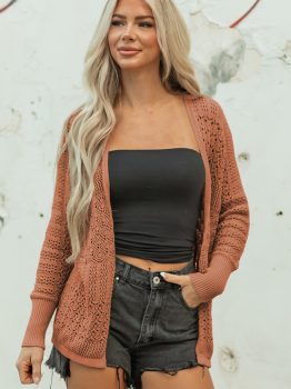 Redwood Burl Mix Pattern Hollowed Knit Open Front Cardigan