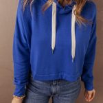 Dark Blue Solid Drop Shoulder Drawstring Cropped Hoodie