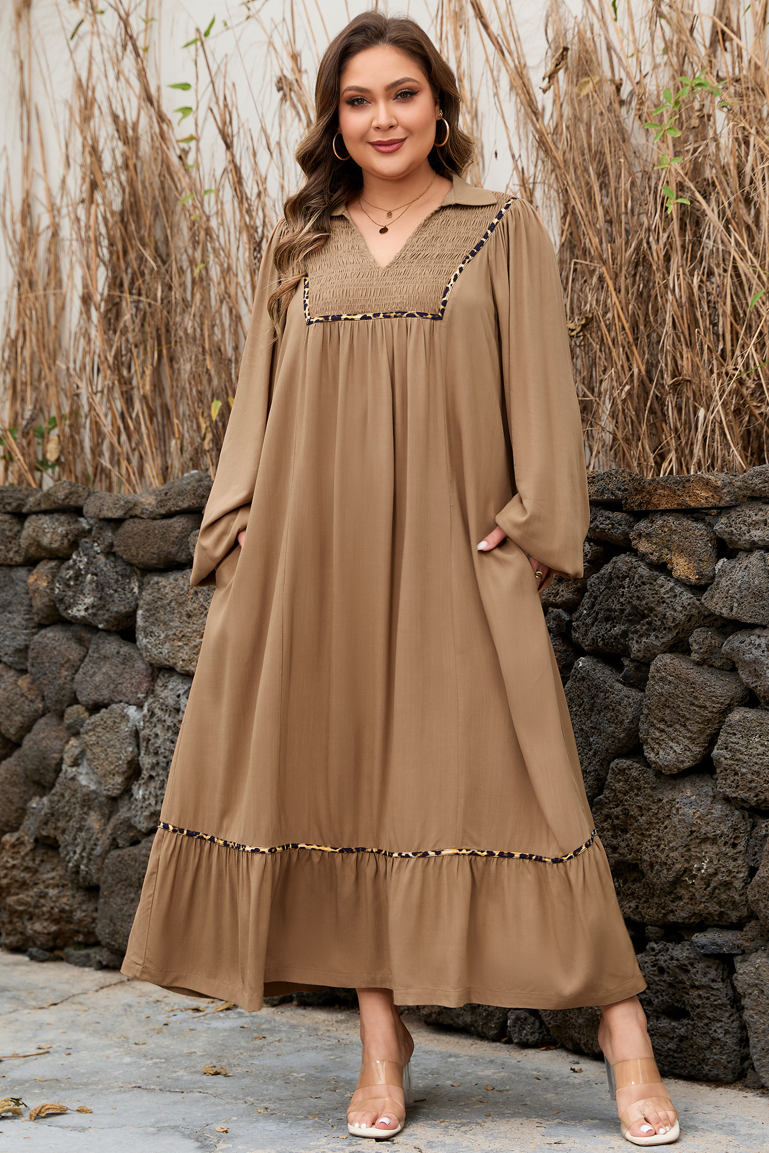 Chestnut Smocked V Neckline Leopard Piping Accent Bracelet Plus Size Long Dress - Image 3