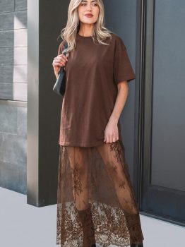 Red Sandalwood Floral Patchwork Short Sleeve T Shirt Loose Maxi Dress