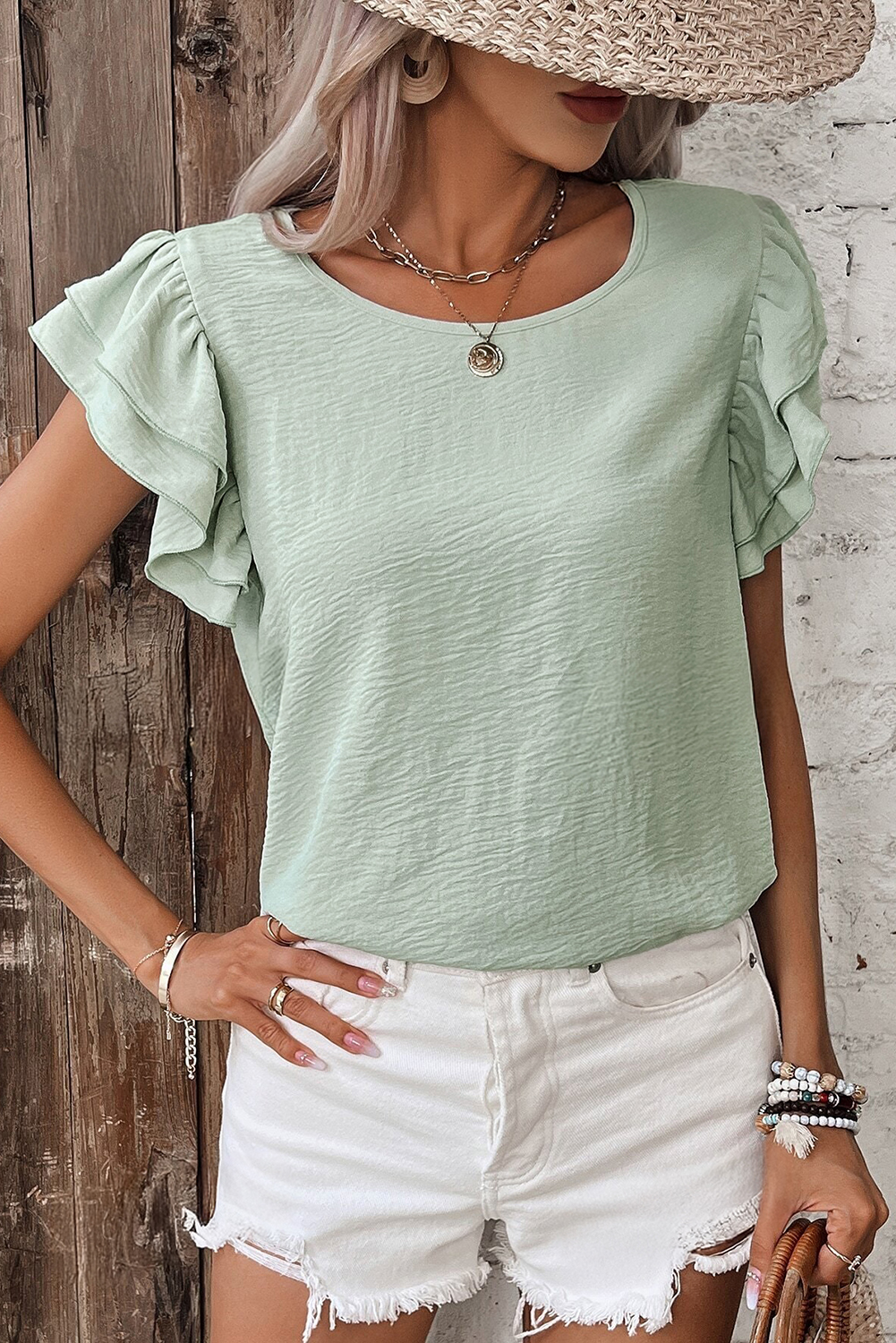 Clearly Aqua Solid Color Ruffled Short Sleeve Casual Blouse - Image 3
