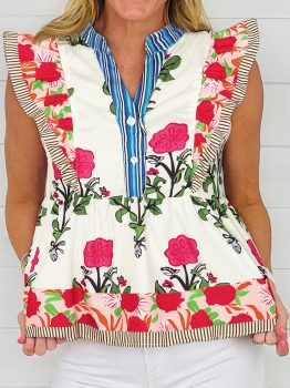 Pink Floral Print Tie Neck Striped Detail Flutter Sleeve Blouse