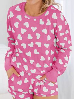 Pink Valentine Heart Shape Print Long Sleeve Top Shorts Lounge Set