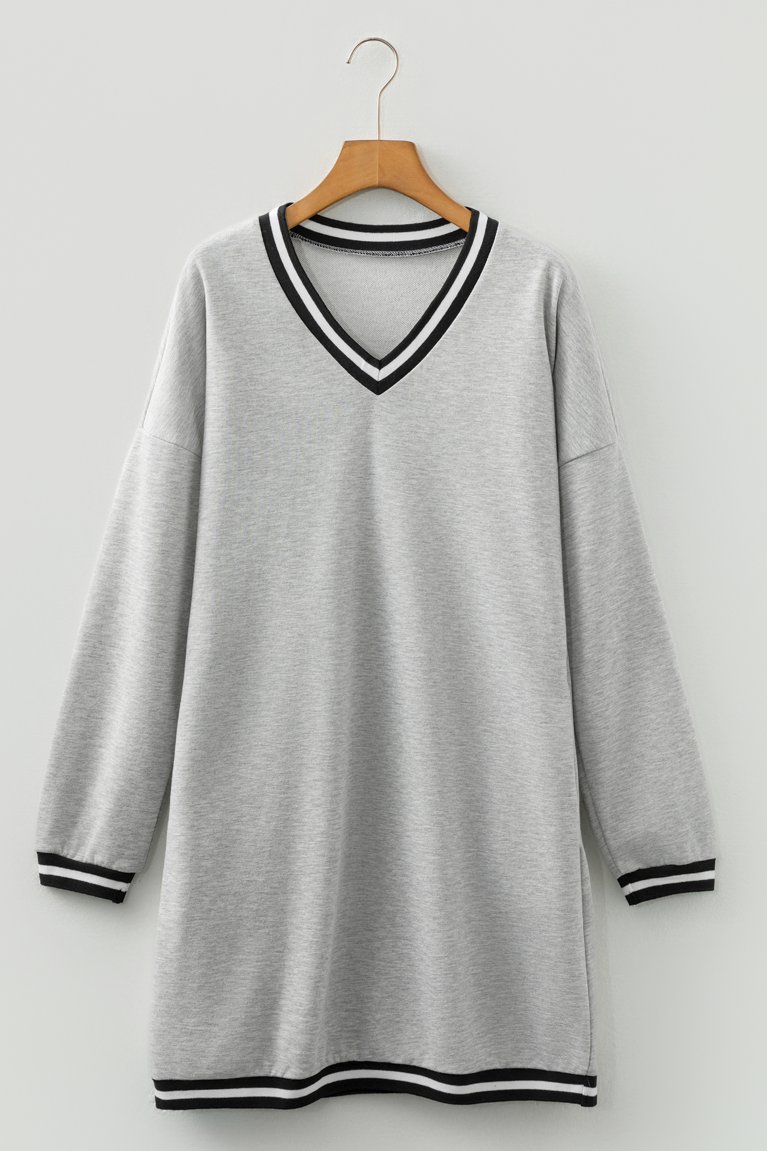 Light Grey Striped Trim V Neck Long Sleeve Preppy T Shirt Dress - Image 5