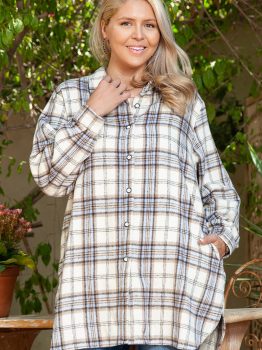White Plaid Print Tunic Plus Size Shacket with Slits