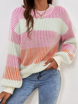 Pink Colorblock Textured Knit Bubble Sleeve Sweater