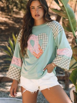 Clearly Aqua Plaid Floral Peace Heart Graphic Wide Long Sleeve Top