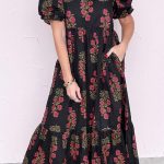 Black Floral Short Bubble Sleeve Tiered Maxi Dress