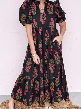 Black Floral Short Bubble Sleeve Tiered Maxi Dress