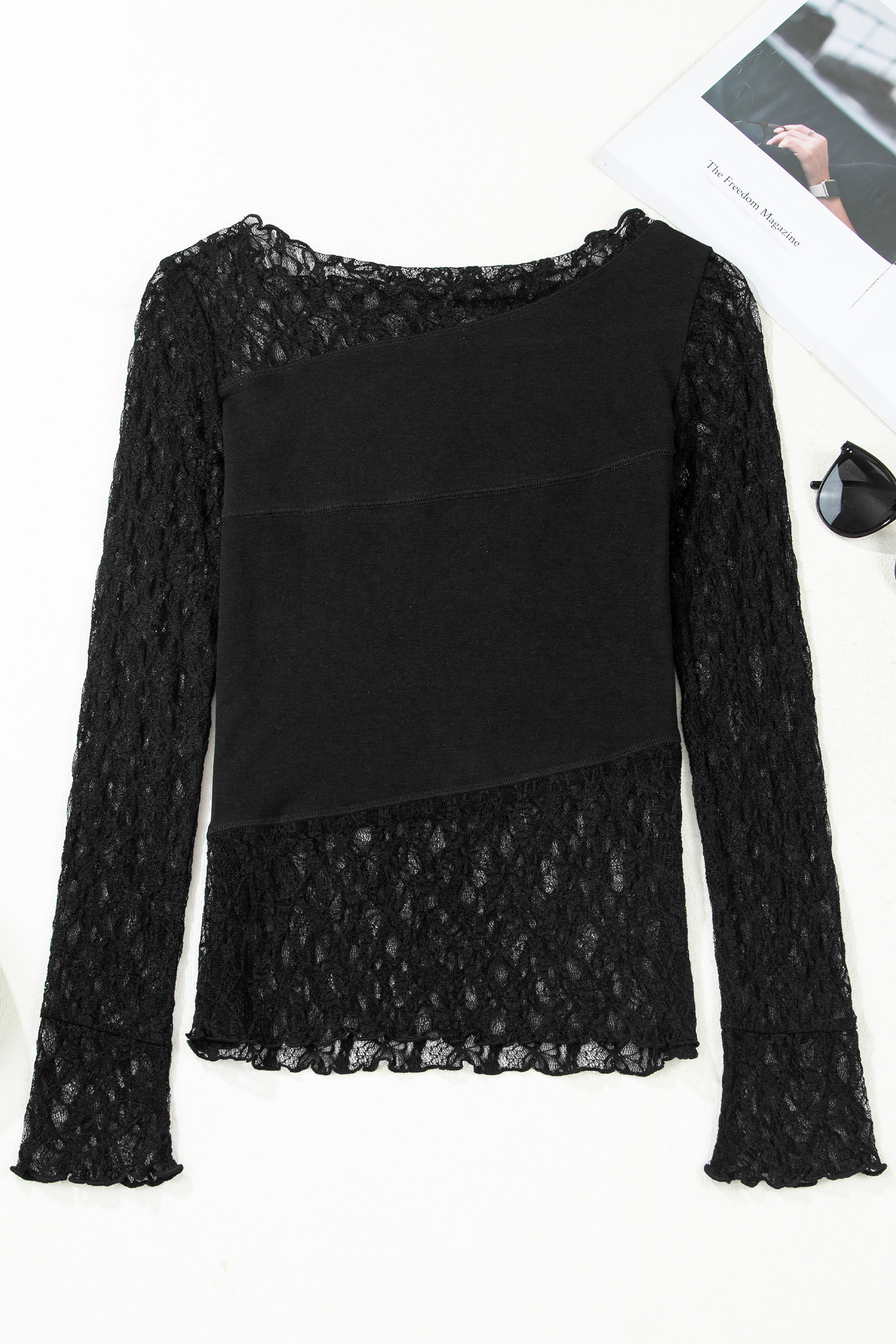 Black Asymmetric Panels Sheer Floral Lace Patchwork Long Sleeve Top - Image 8