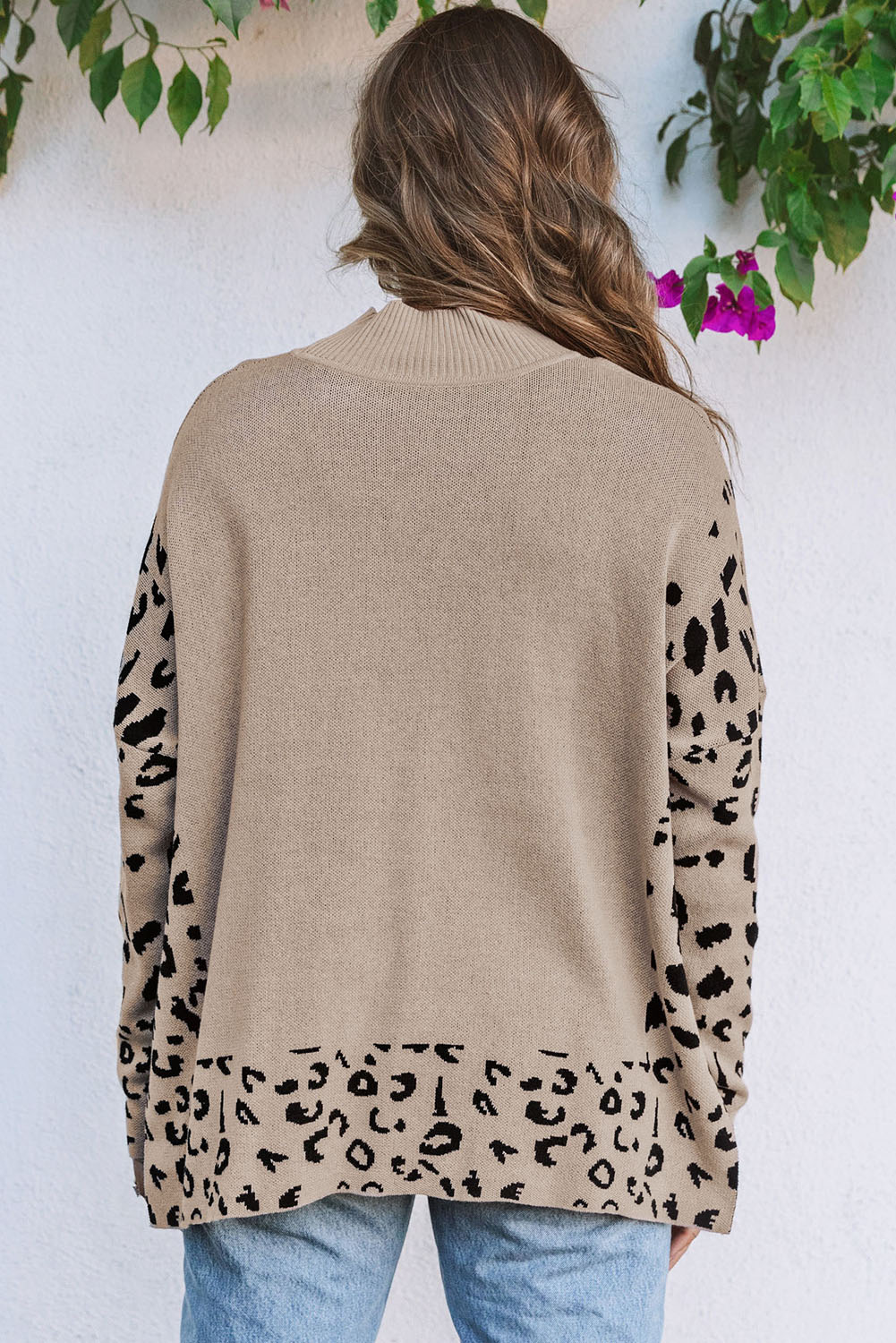 Khaki Leopard High Neck Side Slit Oversized Sweater - Image 2