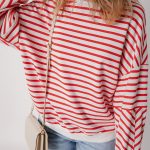Orange Stripe Drop Shoulder Crew Neck Loose Sweatshirt