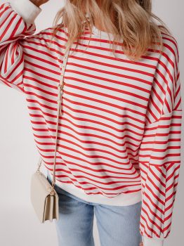 Orange Stripe Drop Shoulder Crew Neck Loose Sweatshirt