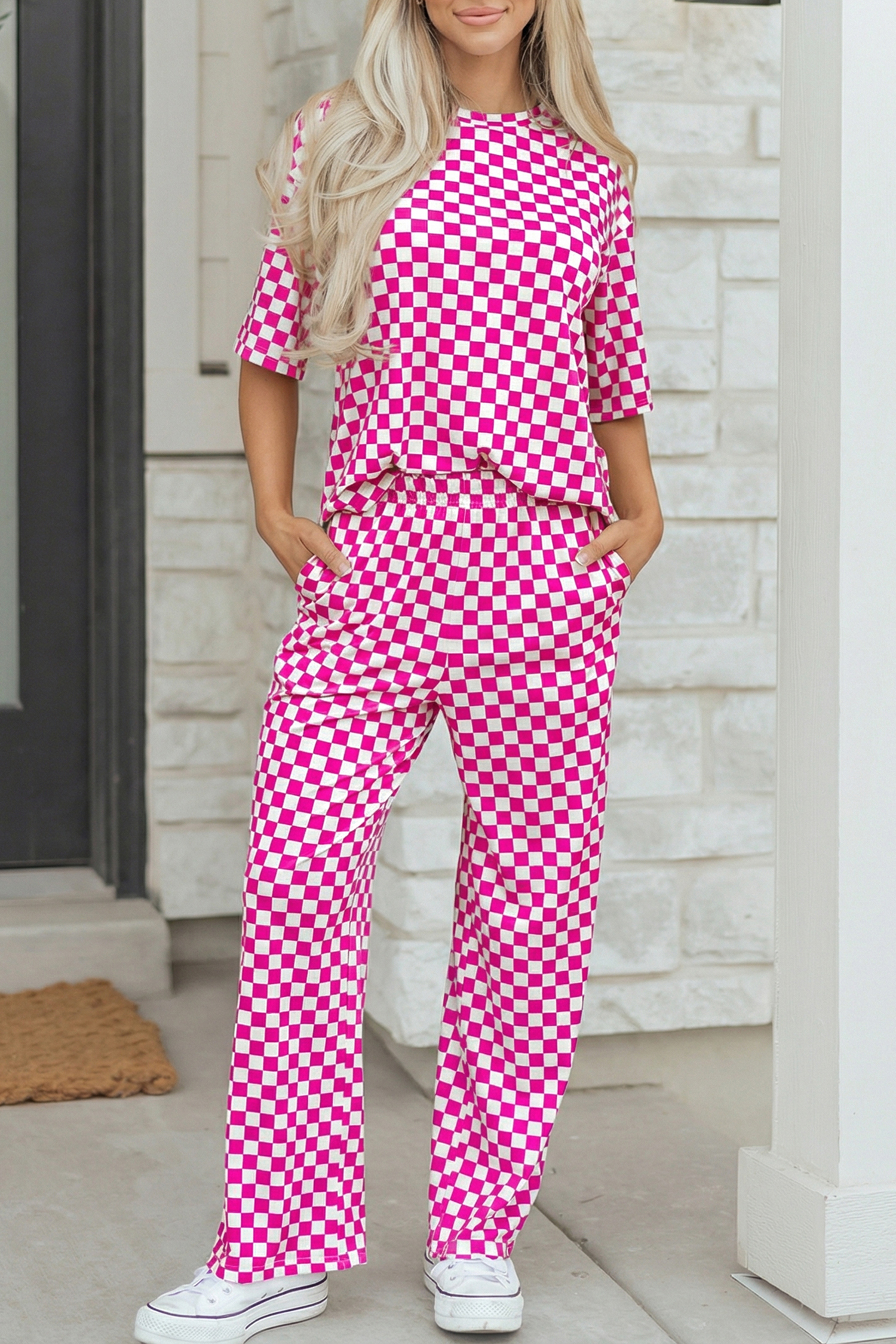 Rose Checkered Print Half Sleeve Tee 2pcs Lounge Pant Set - Image 6
