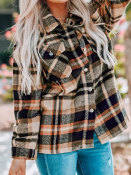 Orange Geometric Plaid Print Pocketed Shacket