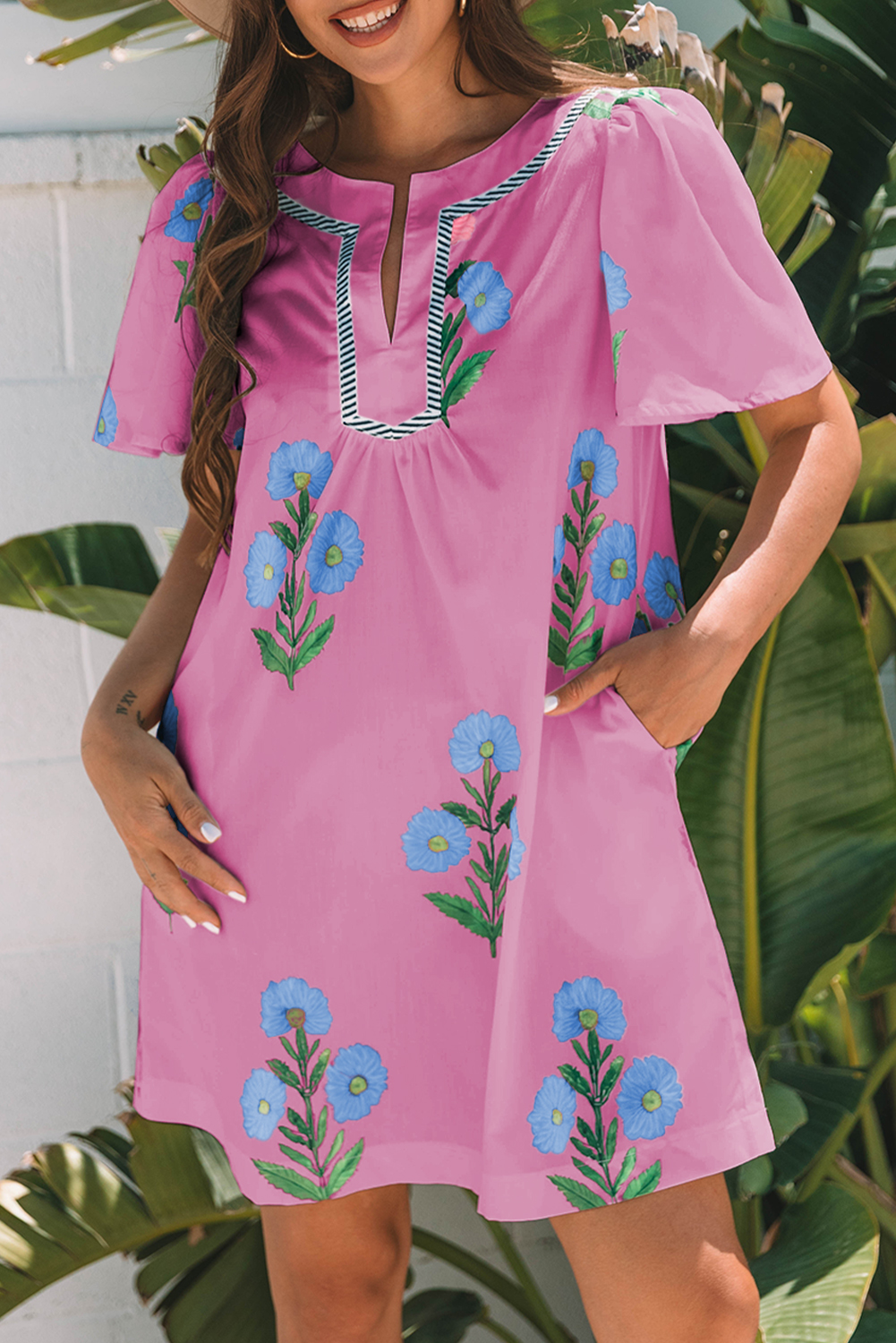 Rose Floral Short Sleeve Split Neck Loose Mini Dress - Image 3