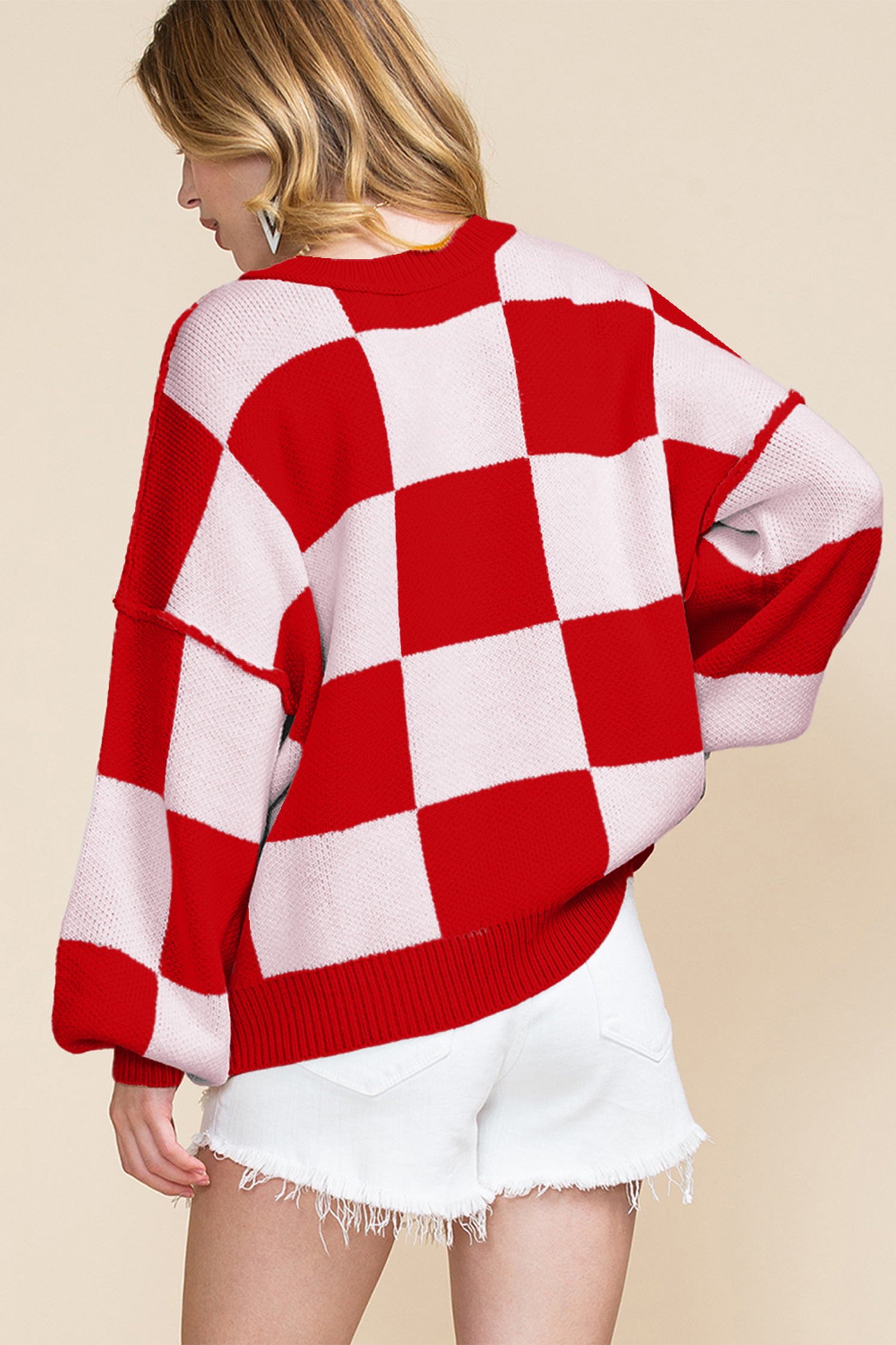 Fiery Red Checkered Bishop Sleeve Sweater - Image 2