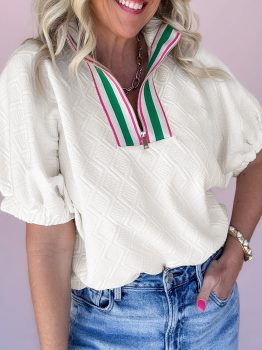 White Contrast Striped Collar Patchwork Textured Half Sleeve Blouse