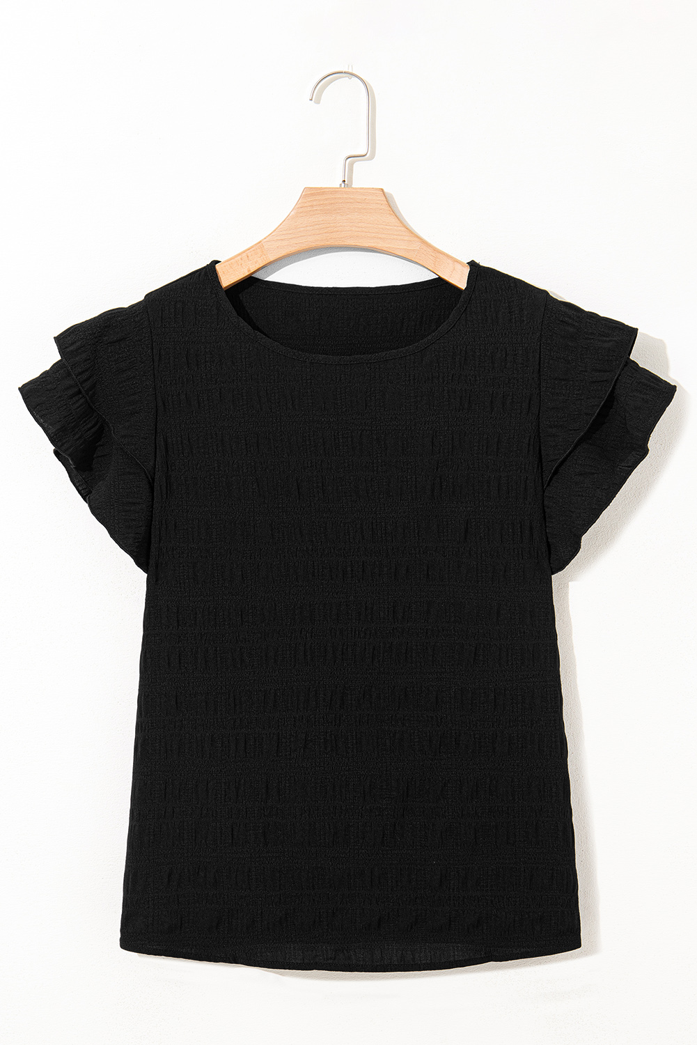 Black Textured Ruffled Sleeve Round Neck Top - Image 4