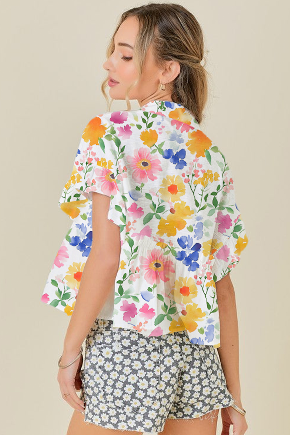 Yellow Floral Boxy Fit Ruffled Short Sleeve V Neck Blouse - Image 8