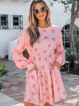 Pink Polka Dot Printed Long Sleeve Flared Mini Dress