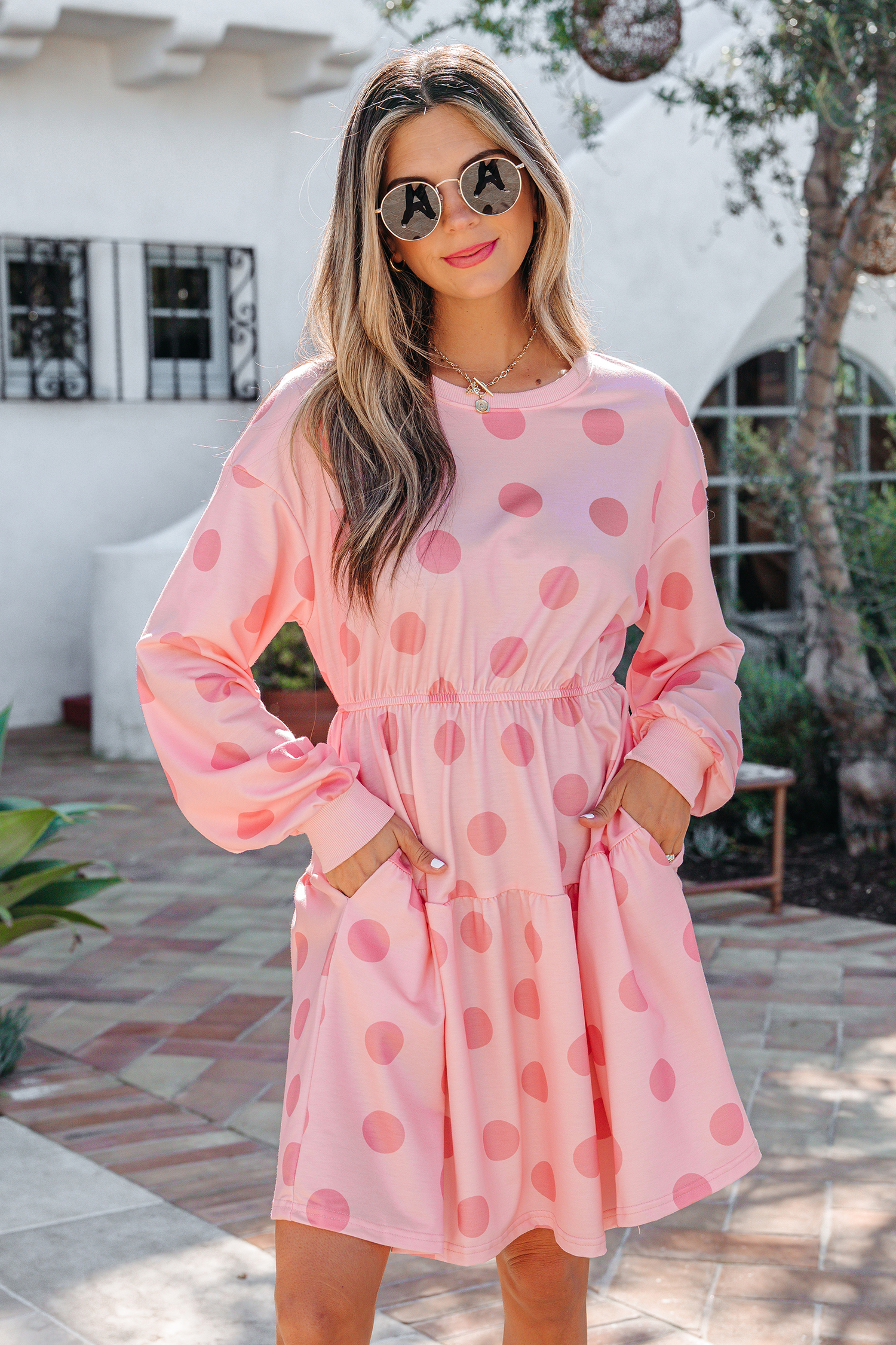 Pink Polka Dot Printed Long Sleeve Flared Mini Dress