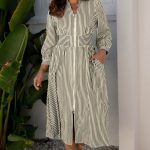 Black Stripe V Neck Zip Front Cinched High Waist Midi Dress