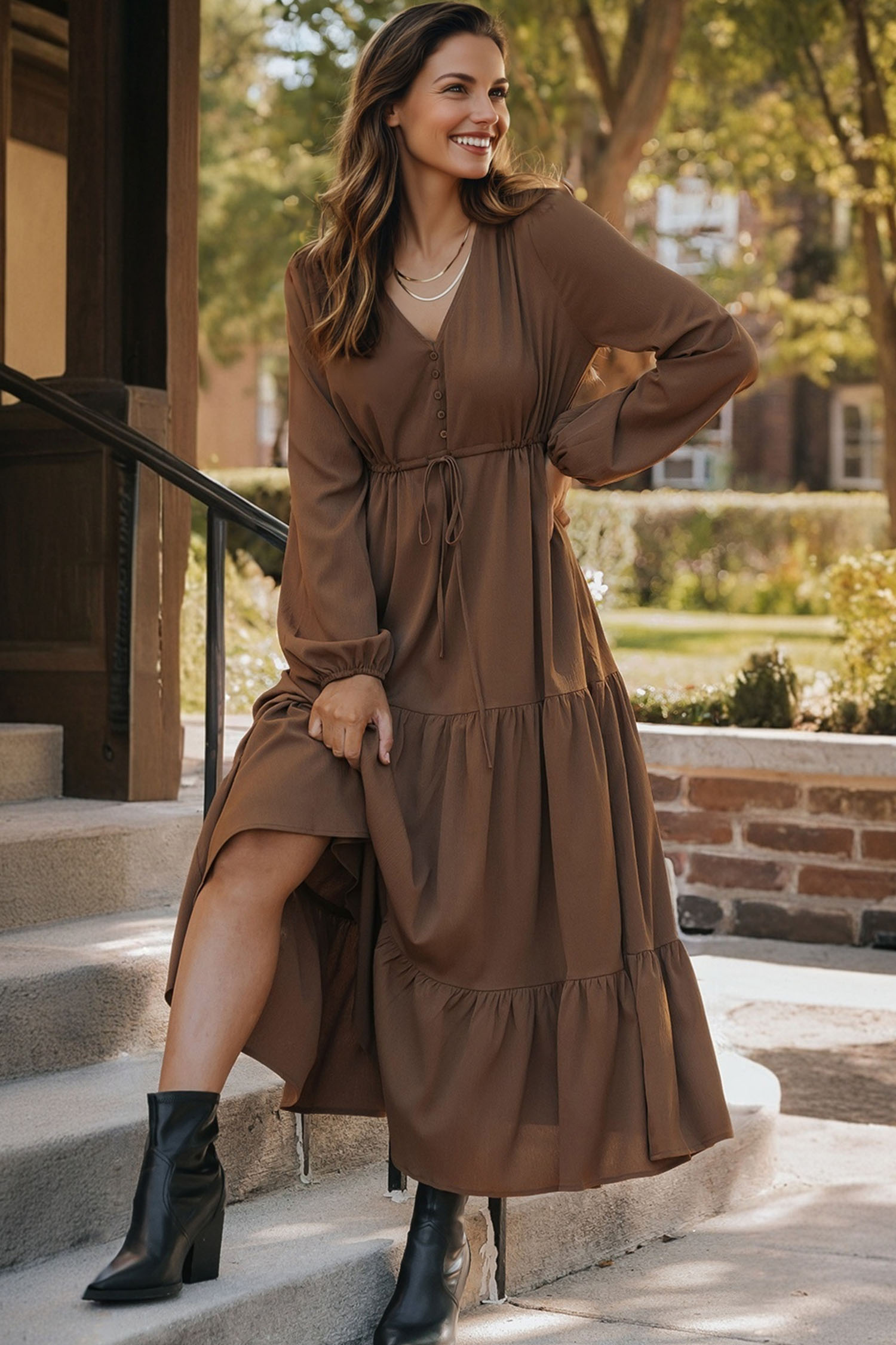 Chestnut Solid Long Sleeve Button V Neck Tiered Maxi Dress - Image 2