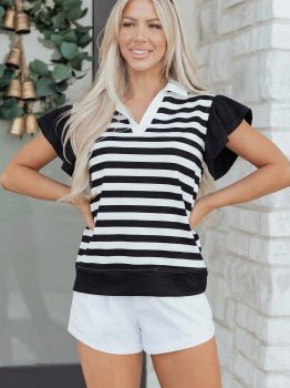 Black Stripe Collar V Neck Ruffled Short Sleeve Blouse