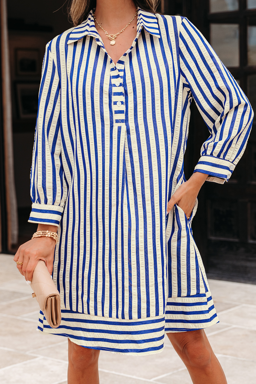Blue Stripe Collared Half Button Side Pockets Loose Fit Mini Dress - Image 6