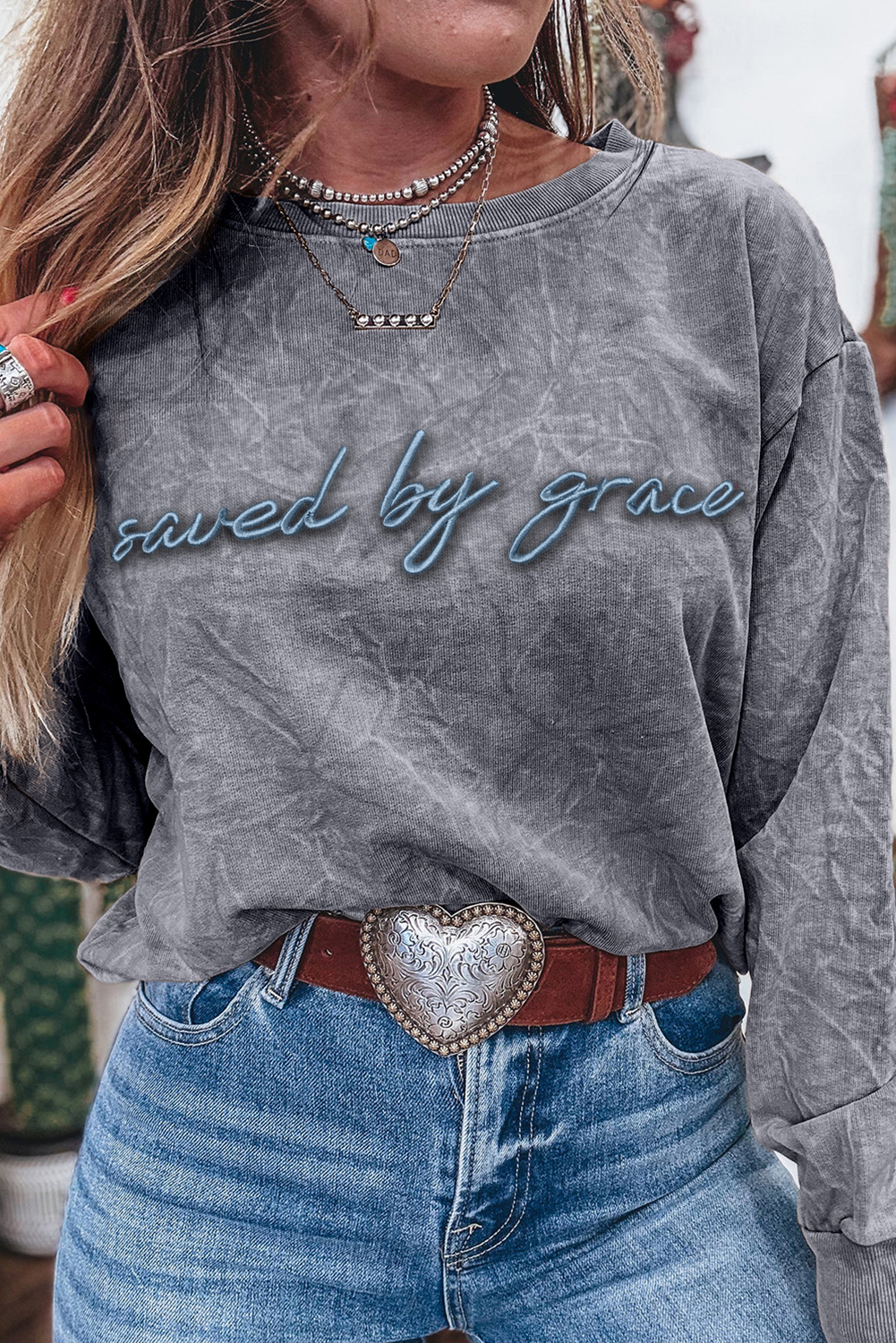 High-rise saved by grace Letter Embroidery Mineral Wash Loose Sweatshirt - Image 7