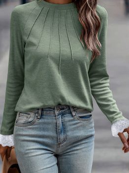 Grass Green Seam Detail Lace Contrast Cuffs Raglan Sleeve Top