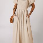 Apricot Short Bubble Sleeve Smocked Wide Leg Jumpsuit