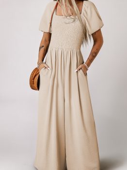 Apricot Short Bubble Sleeve Smocked Wide Leg Jumpsuit