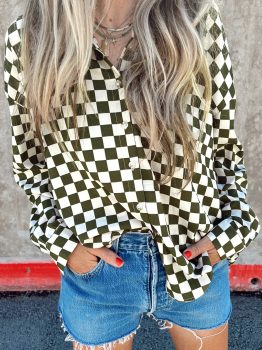 Green Checkerboard Printed Drop Shoulder Loose Casual Shirt