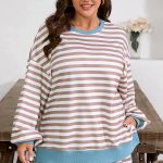 Khaki Stripe Contrast Edge Drop Shoulder Pullover and Shorts Plus Size Set