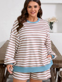 Khaki Stripe Contrast Edge Drop Shoulder Pullover and Shorts Plus Size Set