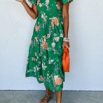 Green Floral Print Bubble Sleeve Smocked Tiered Midi Dress