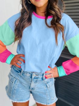 Dark Blue Colorblock Patchwork Long Sleeve Loose Top