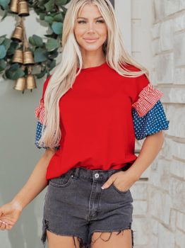 Fiery Red Stars Stripes Short Puff Sleeve Top