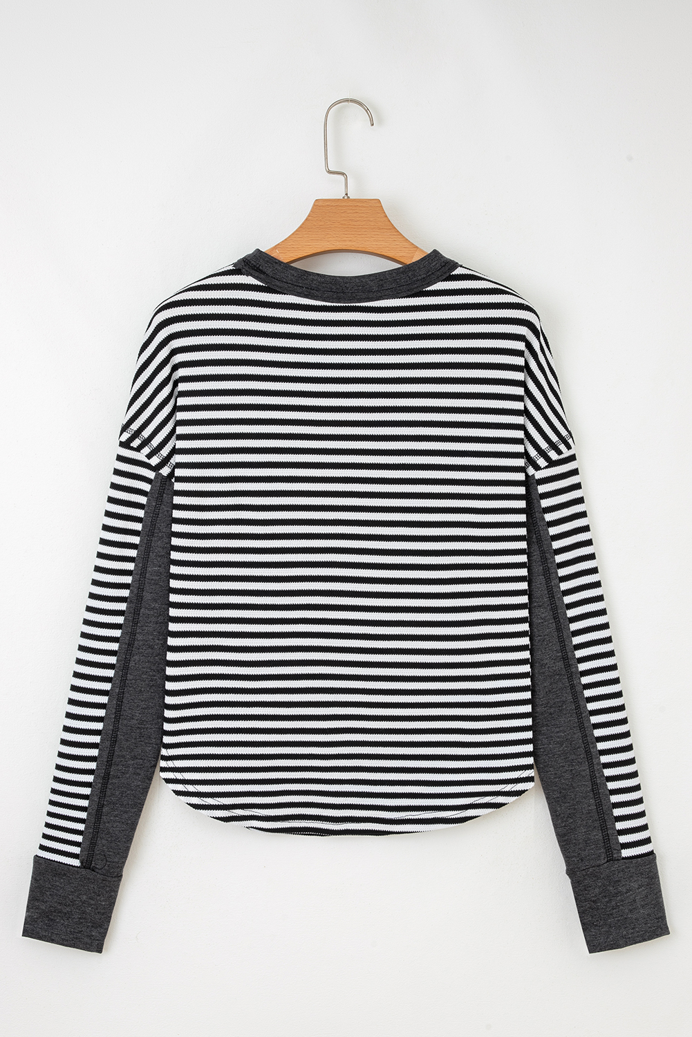 Black Stripe Thermal Knit Drop Shoulder Casual Top - Image 6