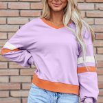 Orchid Bouquet Contrast Rib Knit Patchwork Drop Shoulder V Neck Sweatshirt