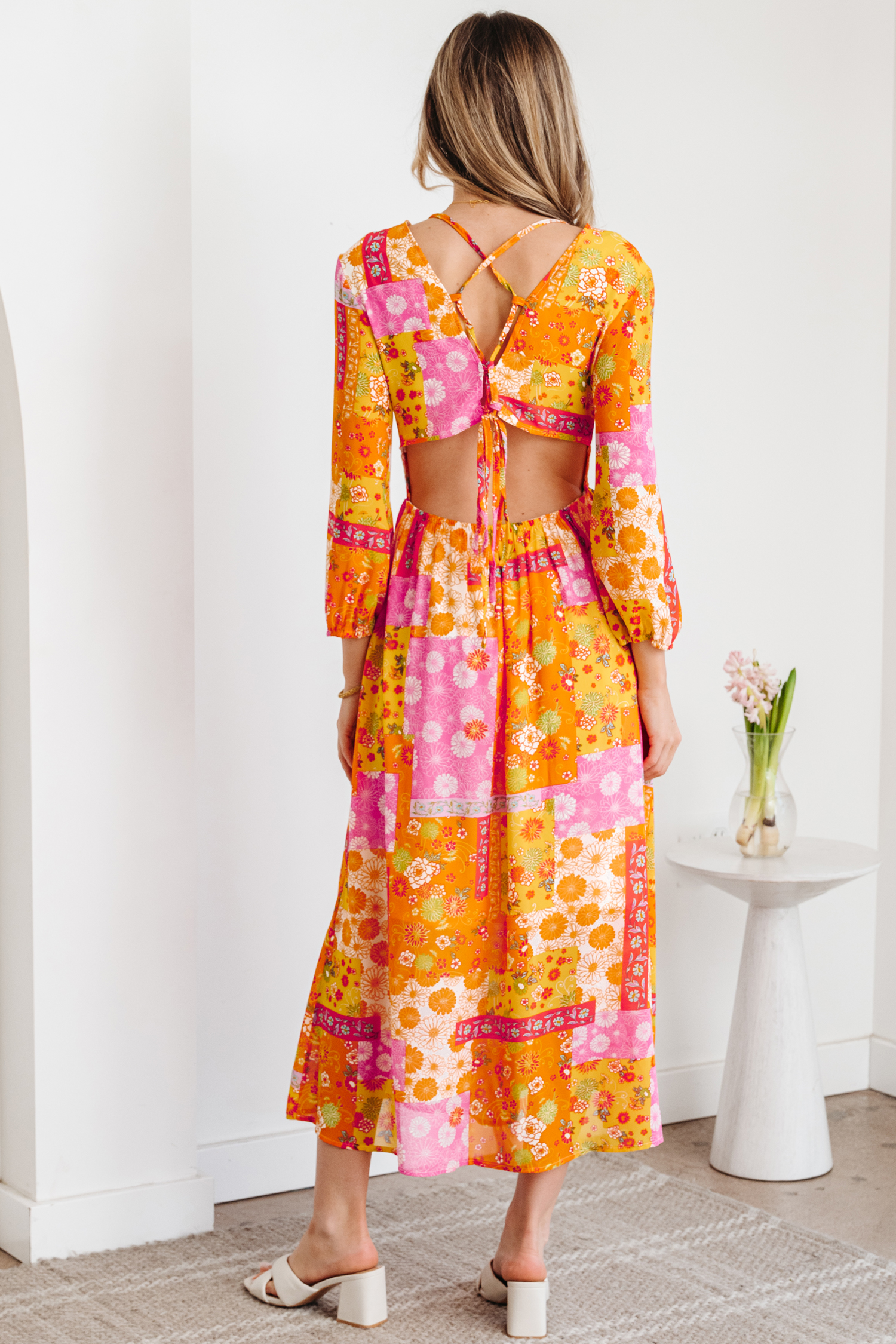 Orange Floral Patchwork Print Cut out Tied Back Bracelet Sleeve Maxi Dress - Image 3