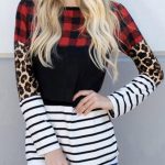 Plaid Print Leopard Splicing Striped Color Block Long Sleeve Top